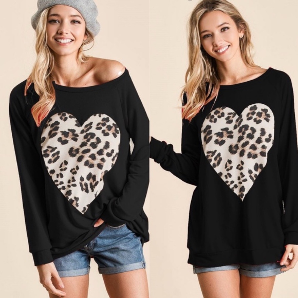 #54 Cozy Leopard Print Heart French Terry Sweater Top - Picture 1 of 3